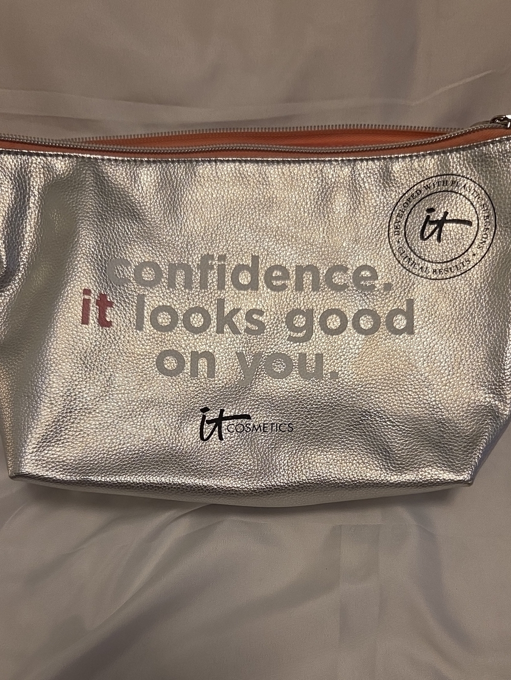 it cosmetics Silver Cosmetic Pouch with Pink Trim